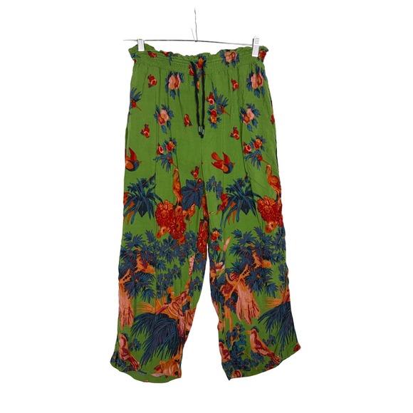 Anthropologie Pants - Anthropologie Tropical Bird Floral Smocked Wide Leg Pants Green Size S